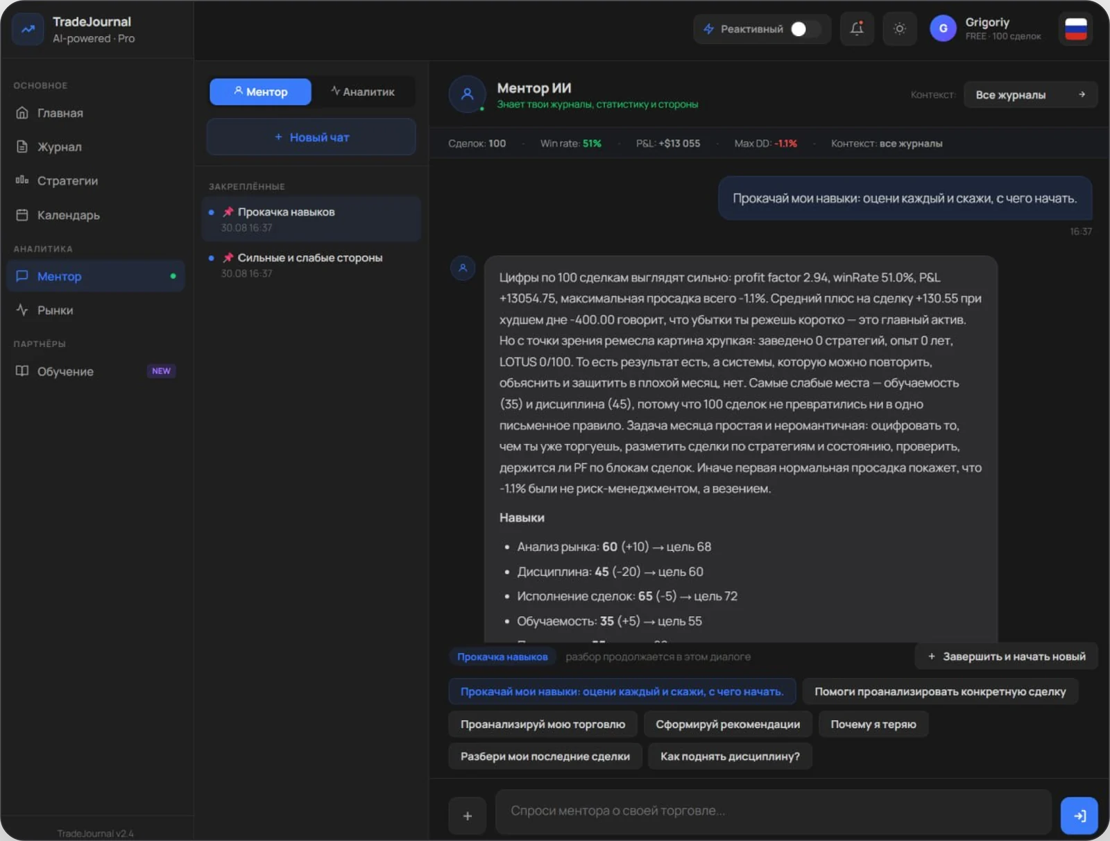 Диалог с ментором: он видит журналы, статистику и сильные и слабые стороны трейдера